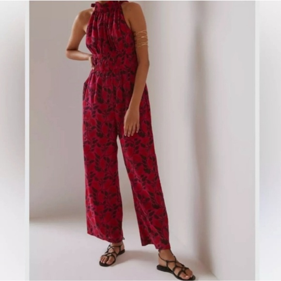 NWOT Kopal for Anthropologie Halter Tie Shoulder Jumpsuit in Deep Pink Floral XS - Picture 2 of 10